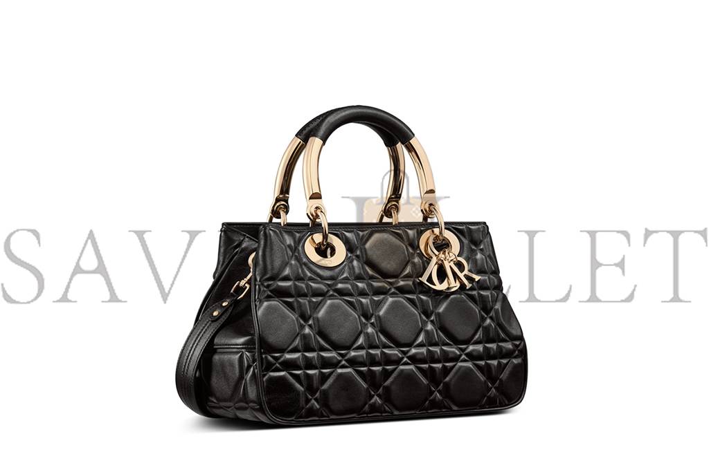 D*or lady 95.22 gold hardware diana handbag calfskin leather bag medium black  (39*25*16.5cm)
